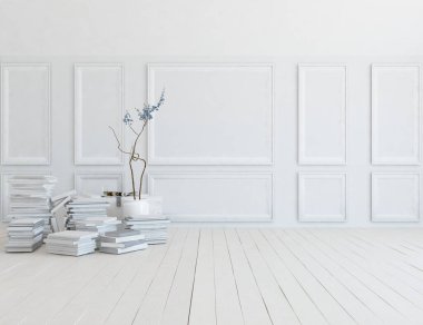 Ahşap zemin ve büyük bir duvarda vazo olan boş bir İskandinav odası fikri. İç kısımları kuzeyli. 3B illüstrasyon