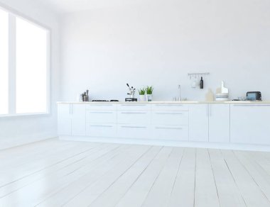 Beyaz minimalist mutfak odası. Ahşap zeminde yemek mobilyası var. İç kısımları kuzeyli. 3B illüstrasyon