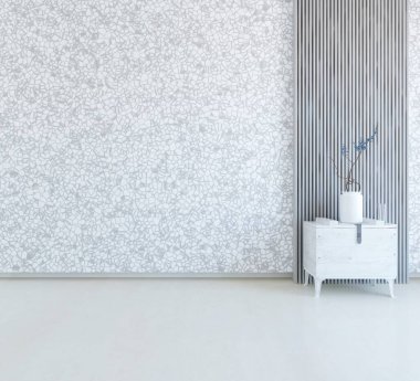 Beyaz, boş, vazo ve büyük duvarlı bir Skandyan odası fikri. İç kısımları kuzeyli. 3B illüstrasyon