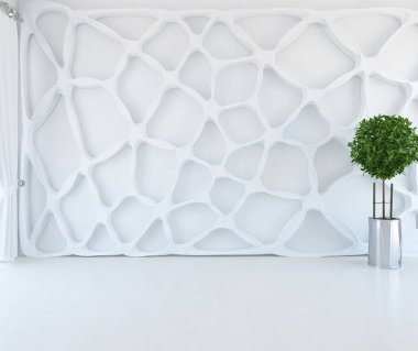 Ahşap zemin ve büyük bir duvarda vazo olan boş bir İskandinav odası fikri. İç kısımları kuzeyli. 3B illüstrasyon