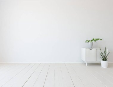 Beyaz boş bir İskandinav odası fikri. İçi ahşap zemin ve büyük duvarlarla dolu vazolarla dolu. İç kısımları kuzeyli. 3B illüstrasyon