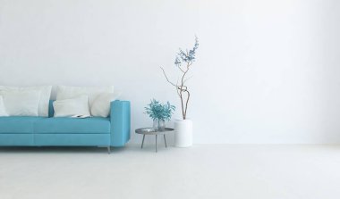 Beyaz minimalist oturma odasının içinde, ahşap zeminde kanepe var. İç kısımları kuzeyli. 3B illüstrasyon