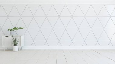 Ev bitkileriyle dolu boş bir İskandinav odası fikri. İç kısımları kuzeyli. 3B illüstrasyon 