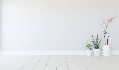 Ev bitkileriyle dolu boş bir İskandinav odası fikri. İç kısımları kuzeyli. 3B illüstrasyon 