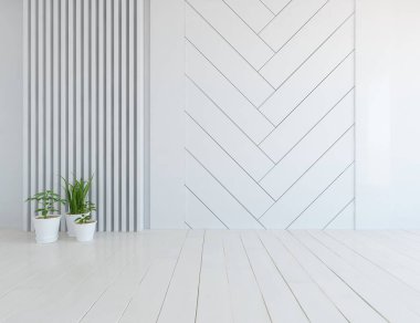 Ev bitkileriyle dolu boş bir İskandinav odası fikri. İç kısımları kuzeyli. 3B illüstrasyon 