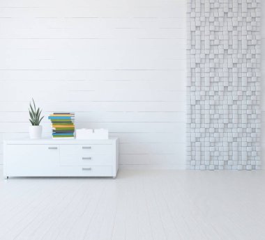 Ahşap zeminli hafif minimalist oda. İç kısımları kuzeyli. 3B illüstrasyon