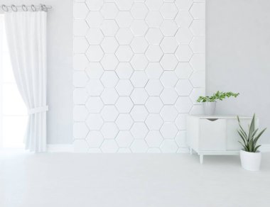 Ev bitkileriyle dolu boş bir İskandinav odası fikri. İç kısımları kuzeyli. 3B illüstrasyon 