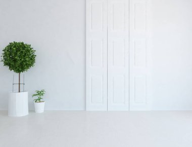 Ev bitkileriyle dolu boş bir İskandinav odası fikri. İç kısımları kuzeyli. 3B illüstrasyon 