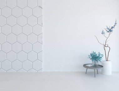 Ev bitkileriyle dolu boş bir İskandinav odası fikri. İç kısımları kuzeyli. 3B illüstrasyon 