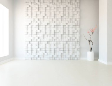 Ev bitkileriyle dolu boş bir İskandinav odası fikri. İç kısımları kuzeyli. 3B illüstrasyon 