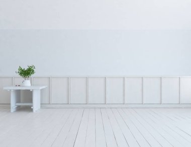 Ahşap zeminli hafif minimalist oda. İç kısımları kuzeyli. 3B illüstrasyon