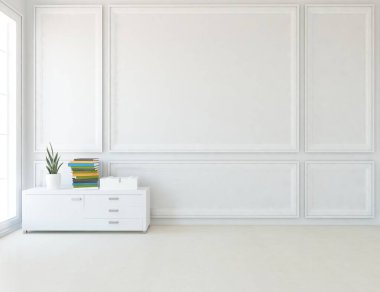 Ahşap zeminli hafif minimalist oda. İç kısımları kuzeyli. 3B illüstrasyon