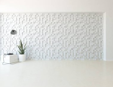 Ev bitkileriyle dolu boş bir İskandinav odası fikri. İç kısımları kuzeyli. 3B illüstrasyon 