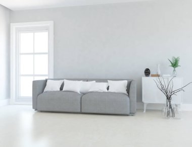 Minimalist bir oturma odası ve ahşap zeminde bir kanepe. İç kısımları kuzeyli. 3B illüstrasyon