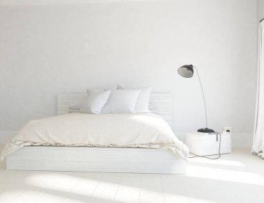 Yatak odasının içinde yatak var. Renkli elementlerin iç mimarisi ile kuzeye dönük. 3B illüstrasyon