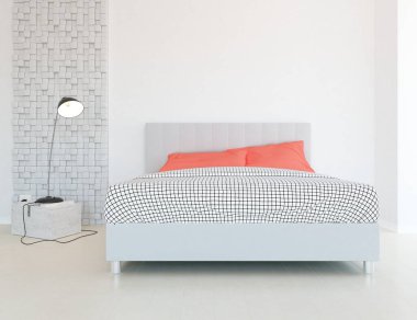 Yatak odasının içinde yatak var. Renkli elementlerin iç mimarisi ile kuzeye dönük. 3B illüstrasyon