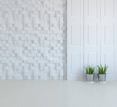 Ev bitkileriyle dolu boş bir İskandinav odası fikri. İç kısımları kuzeyli. 3B illüstrasyon 