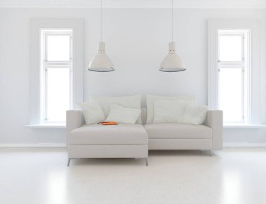 Beyaz minimalist oturma odasının içinde, ahşap zeminde kanepe var. İç kısımları kuzeyli. 3B illüstrasyon