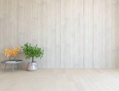 Ev bitkileriyle dolu boş bir İskandinav odası fikri. İç kısımları kuzeyli. 3B illüstrasyon 