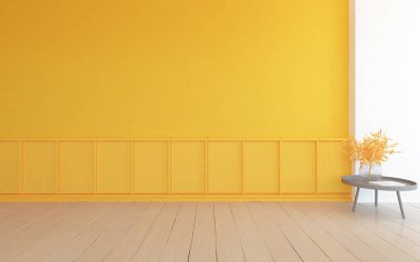 Dekoratif unsurlarla dolu boş bir İskandinav odası fikri. İç kısımları kuzeyli. 3B illüstrasyon 