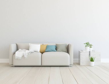 Beyaz minimalist oturma odasının içinde, ahşap zeminde kanepe var. İç kısımları kuzeyli. 3B illüstrasyon