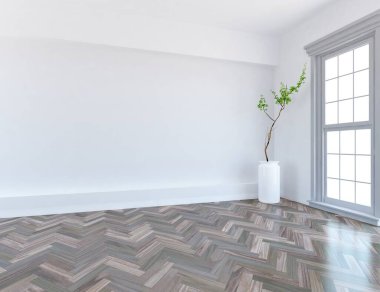 Ahşap zeminli hafif minimalist oda. İç kısımları kuzeyli. 3B illüstrasyon