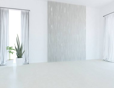 Beyaz boş bir İskandinav odası fikri. İçi ahşap zemin ve büyük duvarlarla dolu vazolarla dolu. İç kısımları kuzeyli. 3B illüstrasyon