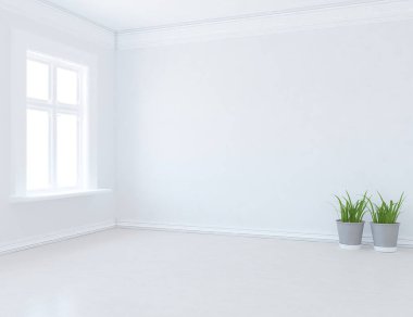 Beyaz boş bir İskandinav odası fikri. İçi ahşap zemin ve büyük duvarlarla dolu vazolarla dolu. İç kısımları kuzeyli. 3B illüstrasyon