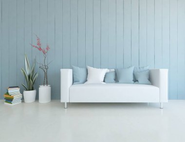 Mavi minimalist bir oturma odası ve ahşap zeminde bir kanepe. İç kısımları kuzeyli. 3B illüstrasyon