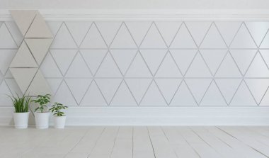 Beyaz boş bir İskandinav odası fikri. İçi ahşap zemin ve büyük duvarlarla dolu vazolarla dolu. İç kısımları kuzeyli. 3B illüstrasyon