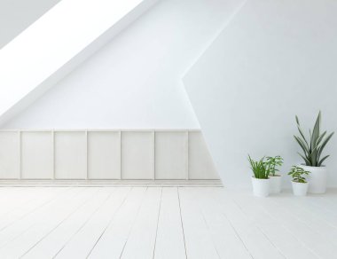 Beyaz boş bir İskandinav odası fikri. İçi ahşap zemin ve büyük duvarlarla dolu vazolarla dolu. İç kısımları kuzeyli. 3B illüstrasyon