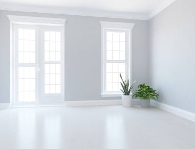 Beyaz boş bir İskandinav odası fikri. İçi ahşap zemin ve büyük duvarlarla dolu vazolarla dolu. İç kısımları kuzeyli. 3B illüstrasyon