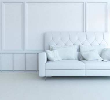Beyaz minimalist oturma odasının içinde, ahşap zeminde kanepe var. İç kısımları kuzeyli. 3B illüstrasyon