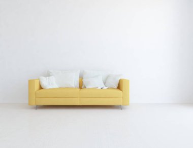 Beyaz minimalist oturma odasının içinde, ahşap zeminde kanepe var. İç kısımları kuzeyli. 3B illüstrasyon