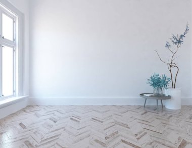 Beyaz boş bir İskandinav odası fikri. İçi ahşap zemin ve büyük duvarlarla dolu vazolarla dolu. İç kısımları kuzeyli. 3B illüstrasyon