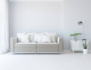Beyaz minimalist oturma odasının içinde, ahşap zeminde kanepe var. İç kısımları kuzeyli. 3B illüstrasyon