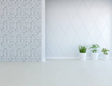 Beyaz boş bir İskandinav odası fikri. İçi ahşap zemin ve büyük duvarlarla dolu vazolarla dolu. İç kısımları kuzeyli. 3B illüstrasyon