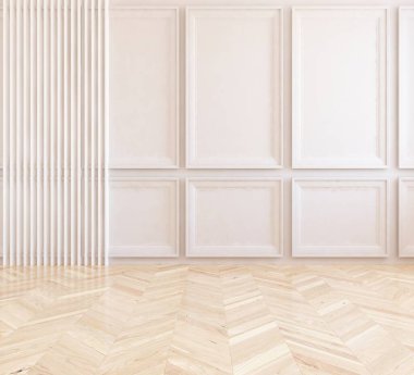 Ahşap zeminli hafif minimalist oda. İç kısımları kuzeyli. 3B illüstrasyon