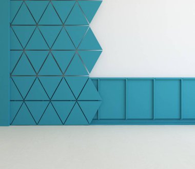 Dekoratif unsurlarla dolu mavi İskandinav odası fikri. İç kısımları kuzeyli. 3B illüstrasyon 