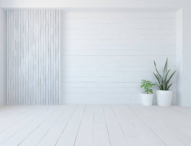 Beyaz boş bir İskandinav odası fikri. İçi ahşap zemin ve büyük duvarlarla dolu vazolarla dolu. İç kısımları kuzeyli. 3B illüstrasyon