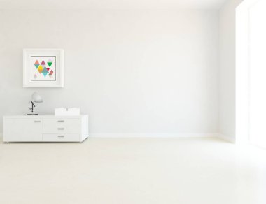 İçi lambayla dolu boş minimalist oda. Arkaplan iç mimarisi. İç kısımları kuzeyli. 3B illüstrasyon