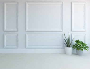 Beyaz boş bir İskandinav odası fikri. İçi ahşap zemin ve büyük duvarlarla dolu vazolarla dolu. İç kısımları kuzeyli. 3B illüstrasyon