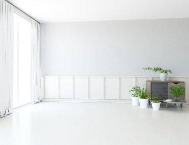 Beyaz boş bir İskandinav odası fikri. İçi ahşap zemin ve büyük duvarlarla dolu vazolarla dolu. İç kısımları kuzeyli. 3B illüstrasyon