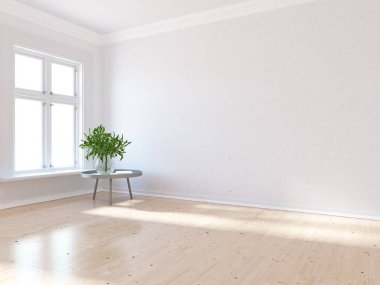 Beyaz, boş, vazo ve büyük duvarlı bir Skandyan odası fikri. İç kısımları kuzeyli. 3B illüstrasyon