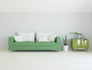 Beyaz minimalist oturma odasının içinde, ahşap zeminde kanepe var. İç kısımları kuzeyli. 3B illüstrasyon