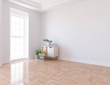 Ev bitkileriyle dolu boş bir İskandinav odası fikri. İç kısımları kuzeyli. 3B illüstrasyon 