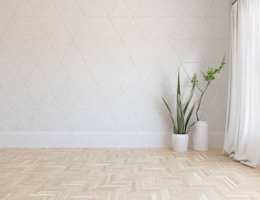 Beyaz boş bir İskandinav odası fikri. İçi ahşap zemin ve büyük duvarlarla dolu vazolarla dolu. İç kısımları kuzeyli. 3B illüstrasyon