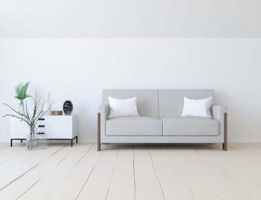 Beyaz minimalist oturma odasının içinde, ahşap zeminde kanepe var. İç kısımları kuzeyli. 3B illüstrasyon
