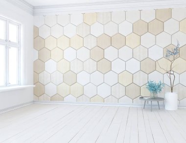 Beyaz boş bir İskandinav odası fikri. İçi ahşap zemin ve büyük duvarlarla dolu vazolarla dolu. İç kısımları kuzeyli. 3B illüstrasyon