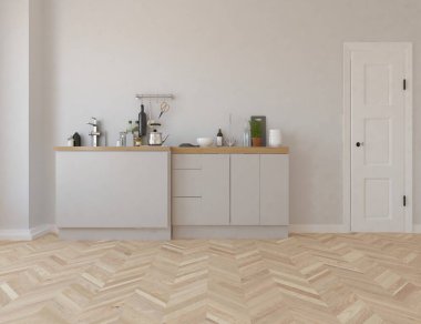 İskandinav odasının mutfağın içinde olması fikri. İç kısımları kuzeyli. 3B illüstrasyon 